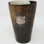 Horn beaker with Victorian hallmarked silver shield mount, Sheffield assay, maker Fenton Brothers,