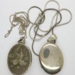 Two silver locket pendant necklaces including a hallmarked silver example, largest chain L: 59 cm.