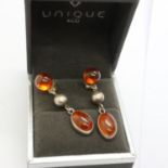 Pair of 925 silver and Baltic amber drop earrings, drop H: 40 mm. UK P&P Group 0 (£6+VAT for the