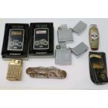 Two Harley Davidson Zippo lighters together with other vintage lighters and a pen knife. UK P&P