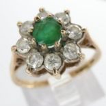 9ct gold cluster ring set with emerald and cubic zirconia, size N/O, 2.4g. UK P&P Group 0 (£6+VAT
