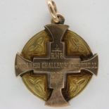 Presumed 9ct gold (unmarked) RHS John Reid Challenge Cup pendant dated 1908, H: 30 mm, 5.8g. UK P&