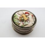 Hallmarked silver pill box with enamelled top depicting a fairy, D: 29 mm. UK P&P Group 1 (£16+VAT
