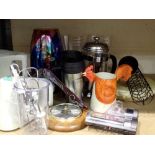 Shelf of mixed items including a vintage thermos flask. Not available for in-house P&P