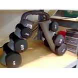 Three pairs of new dumbells, 1, 2, and 3kg on a stand. Not available for in-house P&P