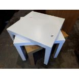 Three Ikea side tables, 55 x 55 x 45 cm, 1 in wood effect 2 in white and 3 new 50 ltr swing lid