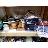 Shelf of mixed kitchen ware. Not available for in-house P&P