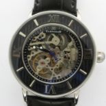 EARNSHAW: gents automatic wristwatch with skeleton movement on a black leather strap, working at