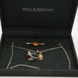 925 silver pendant necklace, brooch and ring suite set with Baltic and butterscotch amber, chain