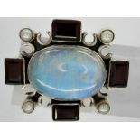 925 silver moonstone, garnet and seed pearl set pendant brooch, L: 30 mm. UK P&P Group 0 (£6+VAT for