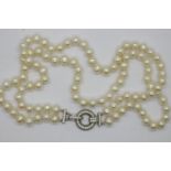 Double row of cultured pearl with 925 silver and cubic zirconia claps, boxed, L: 48 cm. UK P&P Group