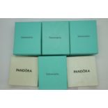 Four original Tiffany boxes with bag inserts and two Pandora boxes. UK P&P Group 1 (£16+VAT for