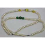 Two natural pearl necklaces with hardstones, largest L: 42 cm. UK P&P Group 1 (£16+VAT for the first