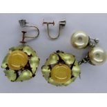 Two pairs of clip on earrings and a pair of 9ct gold screw fitting earrings with white stones. UK