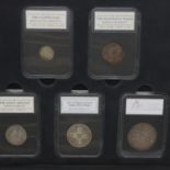 Five early silver & bronze UK coins, each slabbed, including Henry III Long Cross penny, George II