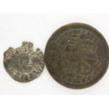 Two metal detect finds - Hammered Halfpenny and evasion Shilling of George III. UK P&P Group 0 (£6+