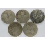Five Victorian silver Gothic florins. UK P&P Group 0 (£6+VAT for the first lot and £1+VAT for