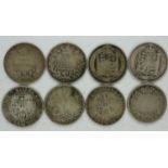 Eight Silver Shillings, all pre-1920. UK P&P Group 0 (£6+VAT for the first lot and £1+VAT for