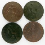 Four pennies: 1912 (x2) and 1919 Heaton Mint examples of George V and a 1901 example of Queen