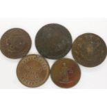 Five British 18th century copper tokens. UK P&P Group 0 (£6+VAT for the first lot and £1+VAT for