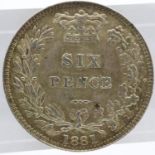 1881 silver sixpence of Queen Victoria, young head, EF. UK P&P Group 0 (£6+VAT for the first lot and