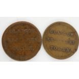 Two undated 18th century copper tokens, Glasgow Retailers. UK P&P Group 0 (£6+VAT for the first