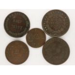 Five 18th century British territories copper tokens. UK P&P Group 0 (£6+VAT for the first lot and £