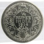 1914 silver Quarter Rupee of George V. UK P&P Group 0 (£6+VAT for the first lot and £1+VAT for