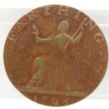 1794 copper farthing token, Isaac Newton. UK P&P Group 0 (£6+VAT for the first lot and £1+VAT for