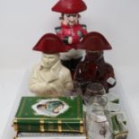 Napoleonic Wars: Napoleon Brandy ceramic and glass decanters, with four cognac glasses. UK P&P Group