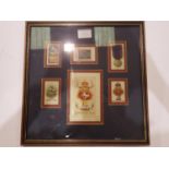 Kings Liverpool collection of WWI and later cigarette cards, silk postcard etc, framed. Not