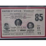 Framed ticket for Cassius Clay V Henry Cooper, June 1963. UK P&P Group 1 (£16+VAT for the first