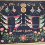 Royal Welsh Fusiliers WWI embroidered panel, naming France, India and Mesopotamia, within a gilt