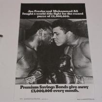 1970's advetising poster for Premium Bonds featuring Ali & Frazier, 38 x 25 cm. UK P&P Group 1 (£