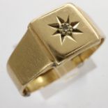 9ct gold signet ring set with a diamond, size V, 4.7g. UK P&P Group 1 (£16+VAT for the first lot and