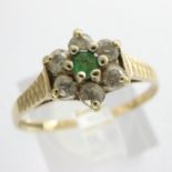 9ct gold cluster ring set with emerald and cubic zirconia, size O, 1.3g. UK P&P Group 0 (£6+VAT