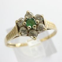 9ct gold cluster ring set with emerald and cubic zirconia, size O, 1.3g. UK P&P Group 0 (£6+VAT