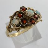 Vintage 9ct gold, natural Opal and garnet set cluster ring with a Victorian design, size N/M, 2.