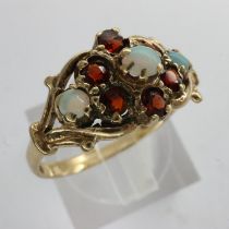 Vintage 9ct gold, natural Opal and garnet set cluster ring with a Victorian design, size N/M, 2.