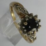 9ct gold cluster ring set with sapphire and diamonds, size O, 2.5g. UK P&P Group 0 (£6+VAT for the