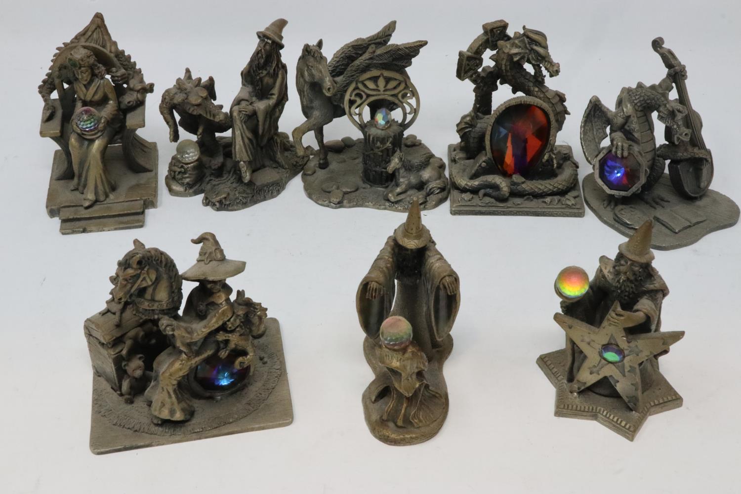 The Tudor Mint Myth & Magic: eight cast pewter figures, The Wizard of Light, The Mischievous Dragon,