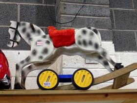 Wooden childs rocking horse and a step box. Not available for in-house P&P