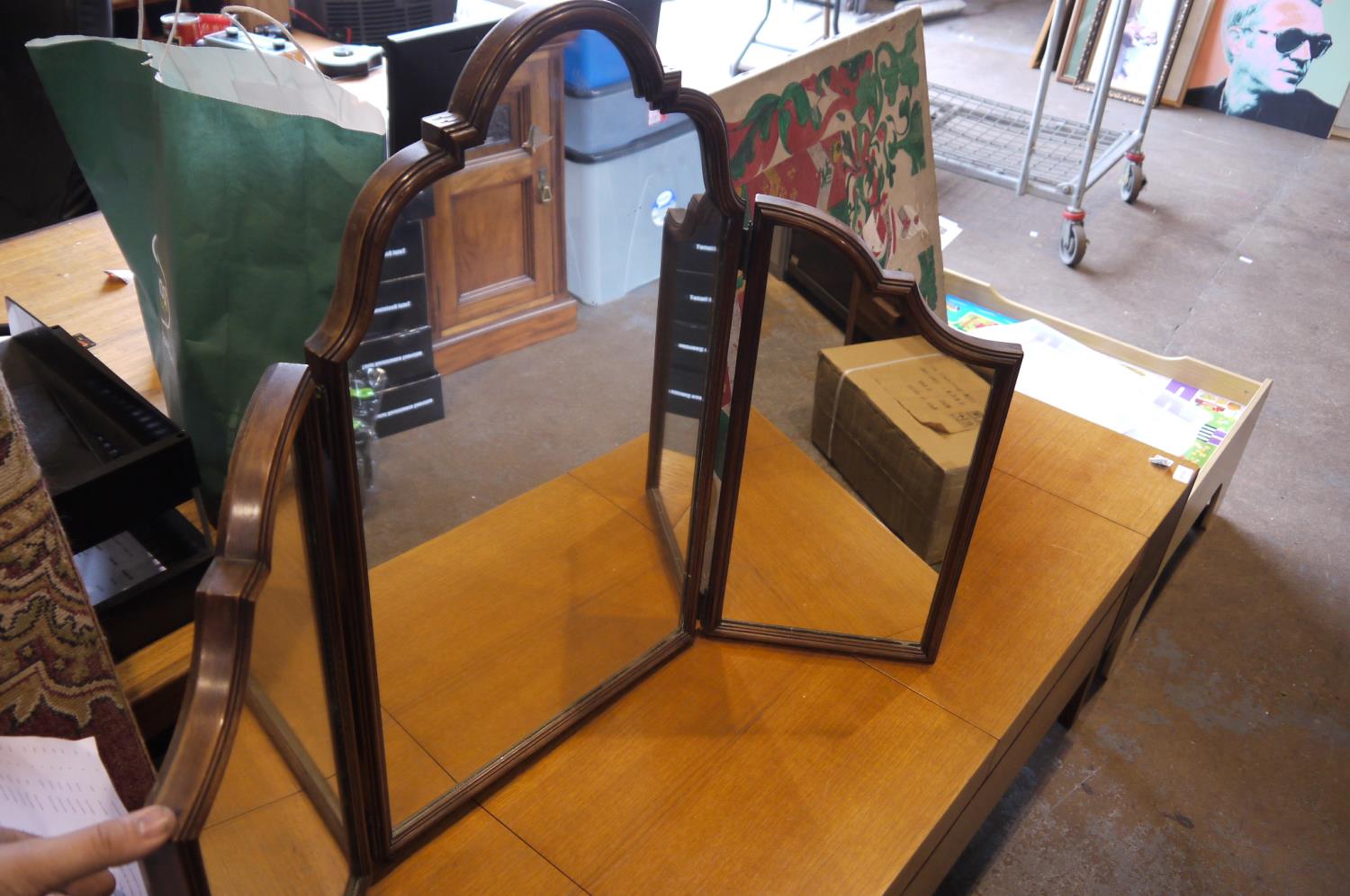 Walnut framed three sectional mirror. Not available for in - house P&P