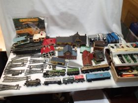 OO scale Hornby Flying Scotsman with teak coach, Triang Jinty, four wagons, two controllers,
