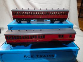 Two O gauge Ace Trains BR Maroon Suburban C/1 coaches, 3rd class and brake end, missing one roof