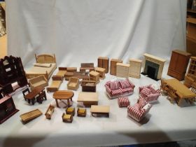 Large quantity of dolls houses furniture, bathroom, kitchen, garden etc, plus prams, pictures,