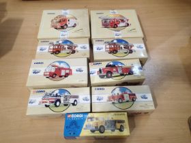 Nine Corgi classic fire engines; 52001, 97395, 97326, 97358, 98450, 97353, 97355, 97385, 97353,