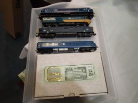Four OO scale diesel locomotives; class 44, Deltic, IC125 power car, blue Pullman power car, all for