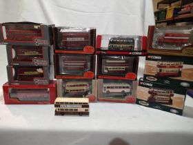 Twelve boxed buses and trams, Corgi, OOC, EFE plus one unboxed bus and EFE Bedford TK van, buses