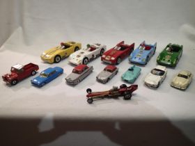 Eight Corgi/Dinky toys, plus five Triang Racing cars, all playworn, suitable for re-furbishment.